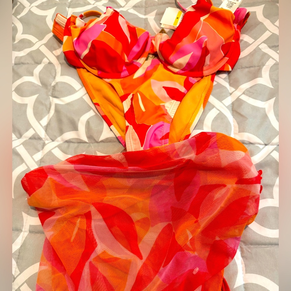 NWT - Jessica Simpson 3 piece Vibrant Red and Orange Swimsuit Set